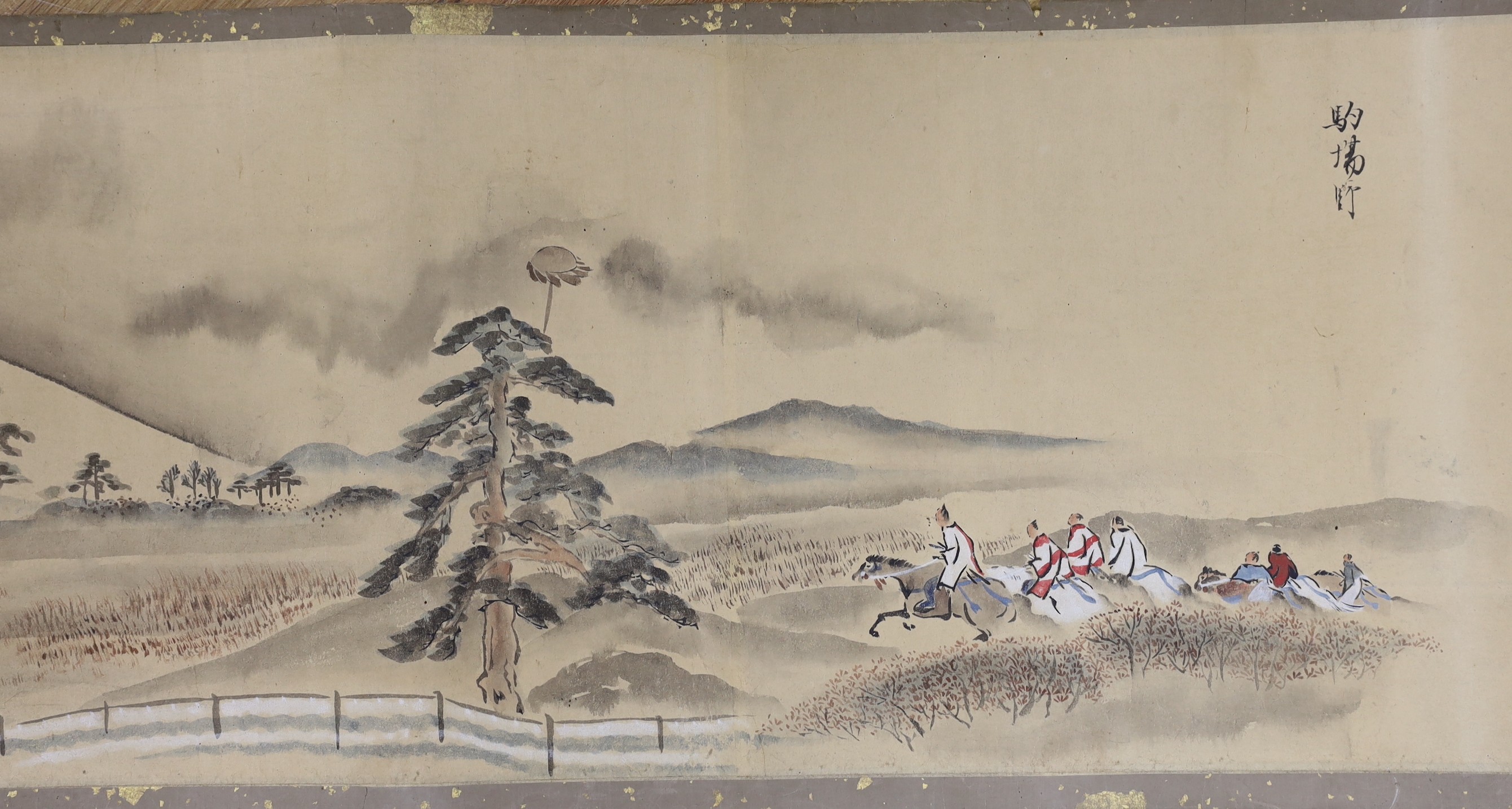 A Japanese landscape painting on paper hand scroll, Edo period, titled views, now in two parts, incomplete, image 27cm high x approximately 470cm wide